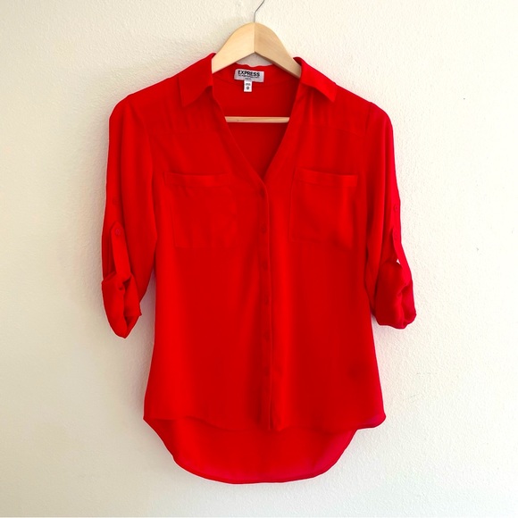 Express Tops - Express Convertable Portofino Shirt Slim Fit in Red Size XS 100% Polyester
